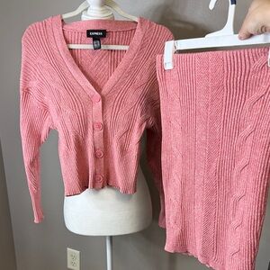 Express Pink Knit Cardigan and Skirt Ensemble
